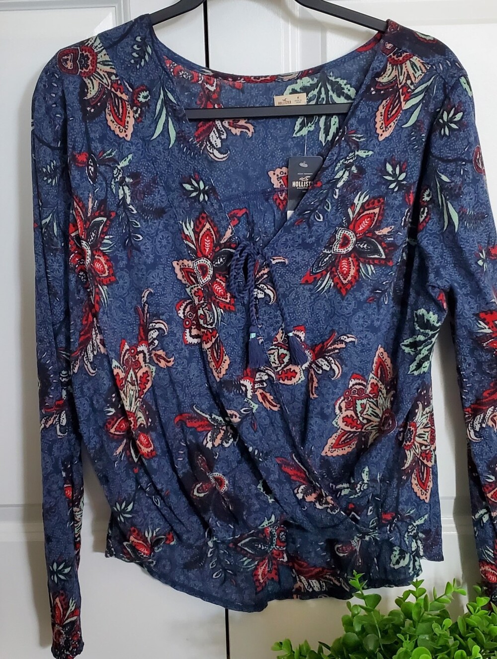 NWT Hollister Navy Floral Wrap-Front Long Sleeve Top